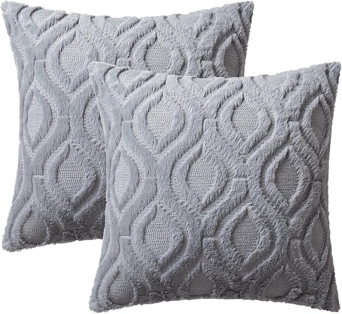 MIULEE Grey Blue Throw Pillow Covers 16x16 Inch, Soft Winter Plush Faux Wool Couch Pillow Covers Set of 2 Decorative Farmhouse Boho Throw Pillows for Sofa Living Room Bed | Set of 2, Farmhouse Boho Home Decor, Decorative Cushion Covers for Sofa, Living...