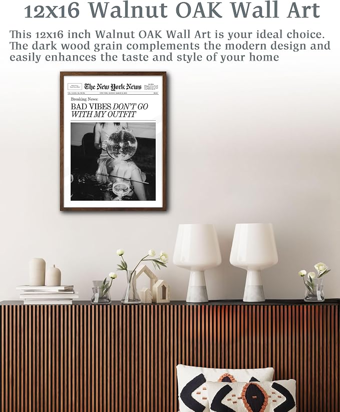 EcoHest 12x16 in Bad Vibes Don't Go With My Outfit Framed Wall Art | Walnut Color Solid Oak Frame, Canvas Wall Art, Disco Fashion Newspaper Wall Decor for Bedroom, Apartment, Dorm, College,1Pack