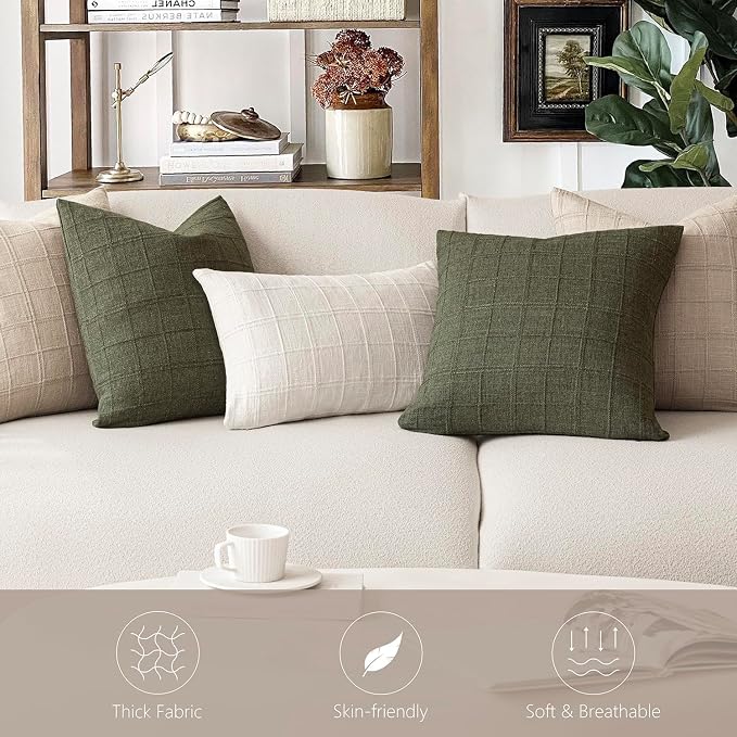 Foindtower Set of 2 Decorative Linen Check Throw Pillow Covers Neutral Farmhouse Vintage Cushion Covers Modern Boho Home Decor for Sofa Chair Couch Bedroom Living Room,20×20 Inch,Natural Linen
