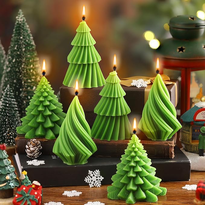 Conelist 6 Pcs Christmas Tree Candles Christmas Tree Shaped Taper Candles Decorative Xmas Wax Scented Candlesticks for Xmas Eve Winter Holiday Home Table Decoration Gift(Green,Mixed Style)