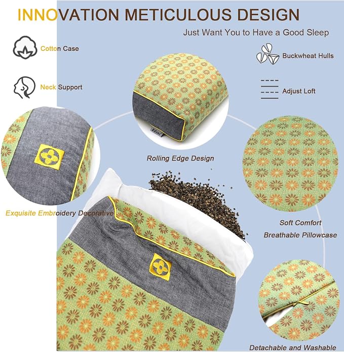Buckwheat Pillow Cube for Side Sleepers, Pain Relief for Neck Support Adjustable Cervical Pillows, Included Floral Pattern Square Pillow (18x10 Inch, Lemon Yellow)