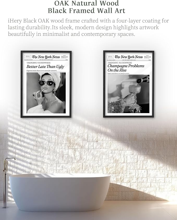 iHery 8x10in Audrey Hepburn Better Late Than Ugly Framed Bathroom Art | Premium Black Natural OAK Wood Frame with Canvas Print, Vintage Fashion Wall Decor for Bedroom, Apartment Girl Dorm, 1Pack
