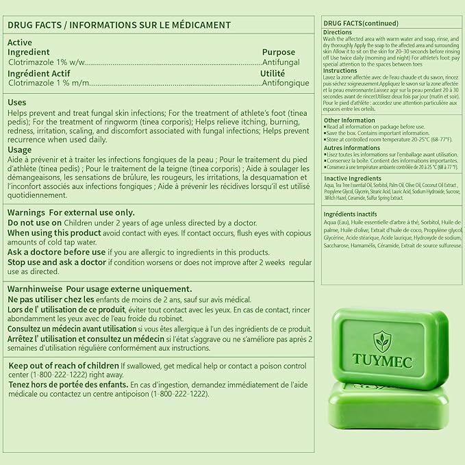 Tuymec Antifungal Bar Soap - Skin Fungus Treatment for Athlete’s Foot, Jock Itch & Ringworm - Medicated Anti Fungal Skin Soap with Clotrimazole 1% & Tea Tree Oil (2 Bars, 1 Case)