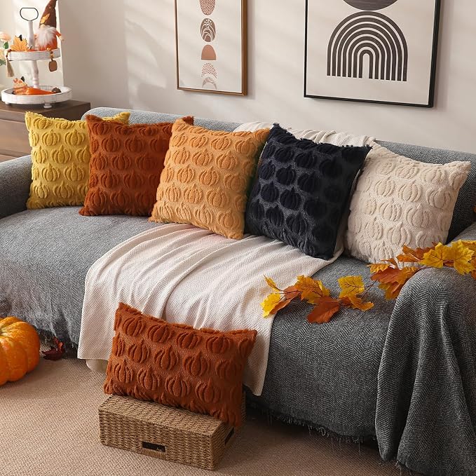 DFXSZ Fall Pillow Covers 12x20 2Pcs Light Orange Pumpkin Fall Decorations | Fall decor Set of 2 Throw Pillow Cases Soft Plush Faux Fur Wool Couch Cushion for Chair Sofa Bedroom Living Room Home Decor