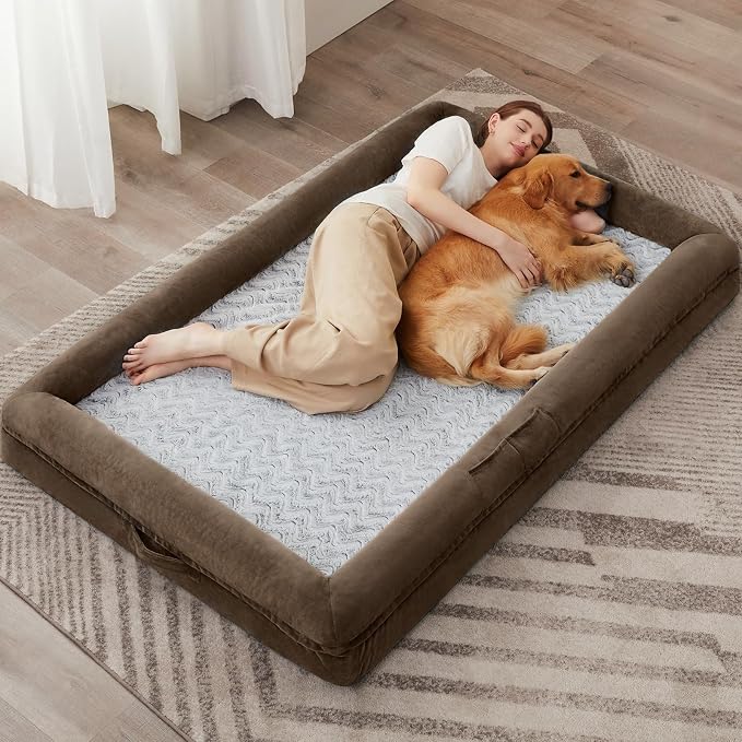 WNPETHOME Human Dog Bed Orthopedic for Adult & Dogs Comfy Sleeping | Washable Waterproof Dog Couch with Removable Cover, Large Pet Sofa Bed with Bolster Sides for Relaxing Brown 71x46 Inch