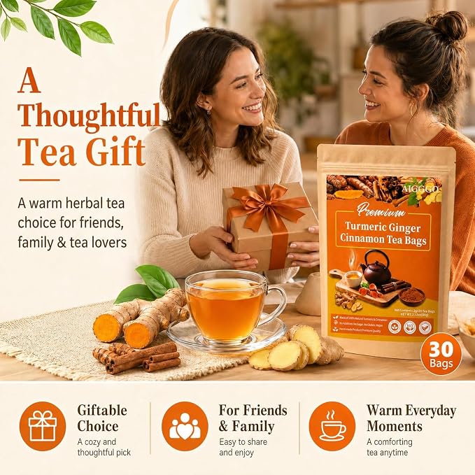 AIGGGO Turmeric Ginger Cinnamon Tea Bags, Digestive Support, 30 Count | Natural turmeric, ginger and cinnamon blend for digestive support and immune wellness, no sugar, vegan and gluten-free