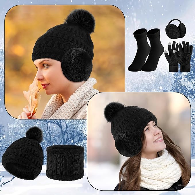 SATINIOR 5 Pcs Winter Hat Scarf Gloves Set Fleece Warm Lined Knit Beanie Hat Touch Screen Earmuff Gloves Warmer for Women(Black,Basic Style)