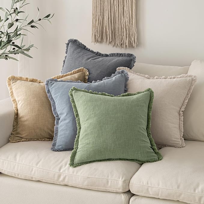 MIULEE Linen Fringe Decorative Euro Throw Pillow Covers Sage Green 26x26 | Set of 2, Cottagecore Decor, Boho Farmhouse Neutral Pillow Covers, Rustic Couch Cushion Cases for Sofa Bed Living Room
