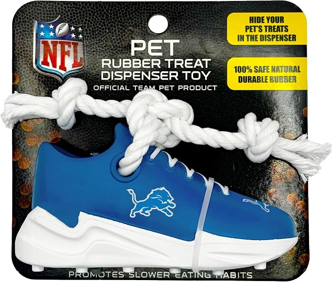 Pets First NFL Detroit Lions Cleat Sneaker Spike Dog Toy, Football Treat Dispenser Chew Toy for Dogs, Interactive Rope Tug Toy, Slow Feeder Natural Rubber Dog Toy with Official Team Logo