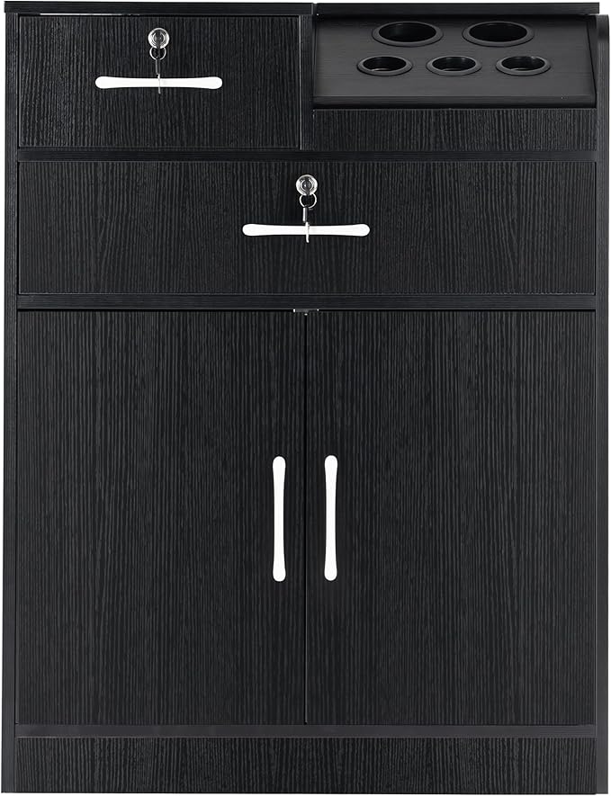 BarberPub Locking Storage Cabinet Barber Utility Unit Beauty Salon Station with Holders Styling Equipment with Drawers 2032