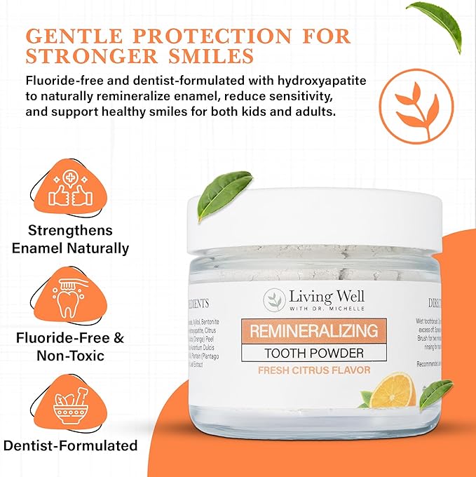 Living Well with Dr. Michelle Fresh Citrus Remineralizing Tooth Powder | Fluoride-Free Kids & Adults Formula | Hydroxyapatite for Enamel Support | Natural Ingredients for Stronger Smiles