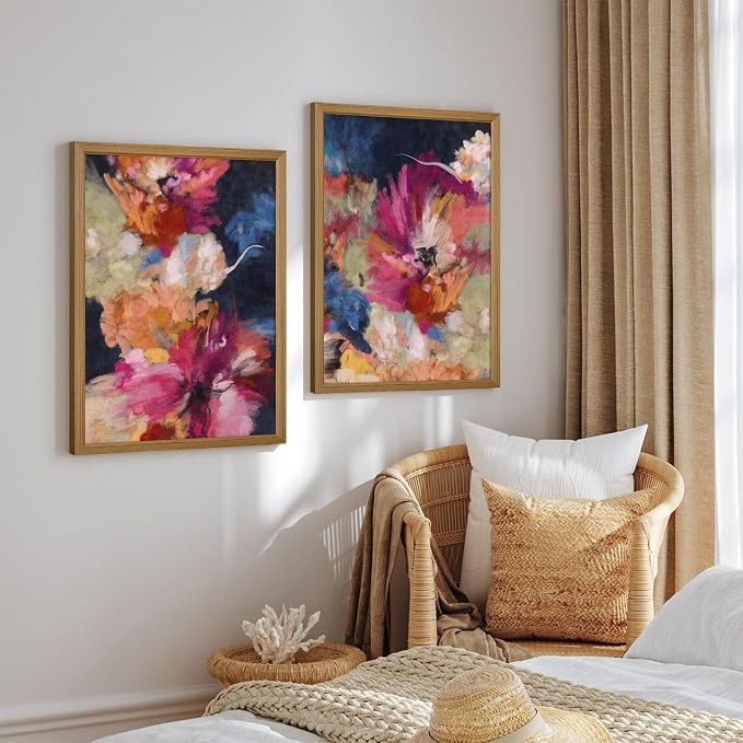 Colorful Abstract Wall Art Decor Modern Flower Canvas Wall Art Abstract Flower Pictures Painting Modern Colorful Artwork Posters Abstract Prints for Living Room Bedroom 16x24 Inch Framed Set of 2