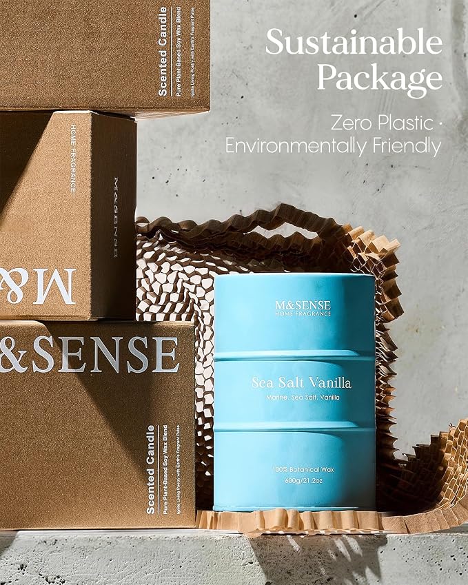 M&SENSE Sea Salt Vanilla Scented Candles Large Beach Candle, Natural Soy Summer Candles 21.2oz 120 Hour Slow Burning,Aromatherapy Candle for Stress Relief Meditation Relaxing
