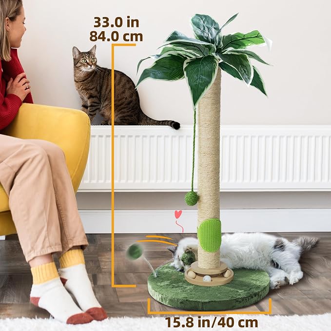 Fantasreen Cat Scratching Post 33'' Tall with Toy, Self Groomer for Indoor Cats