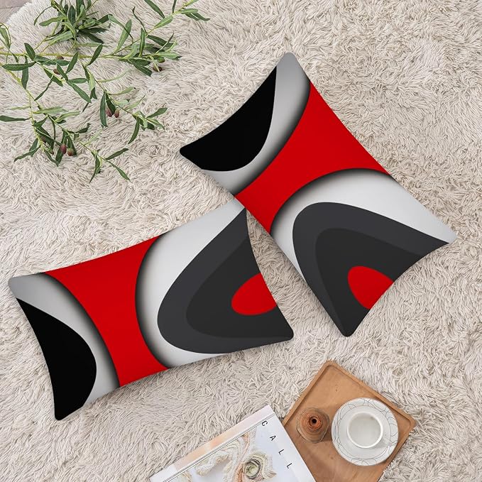 Modern Art Geometric Pillow Cover, Decorative Throw Pillow Covers Black Red Abstract Artwork Cushion Cover for Bedroom Sofa Living Room 12 x 20 Inch Set of 2