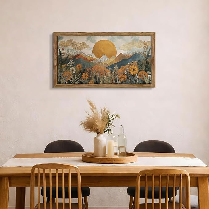 Framed Boho Landscape Large Wall Art, Abstract Sun Mountain Canvas Wall Decor Painting, Modern Floral Botanical Aesthetic Poster Print Picture for Living Room Bedroom Home Office 24x48 Inch
