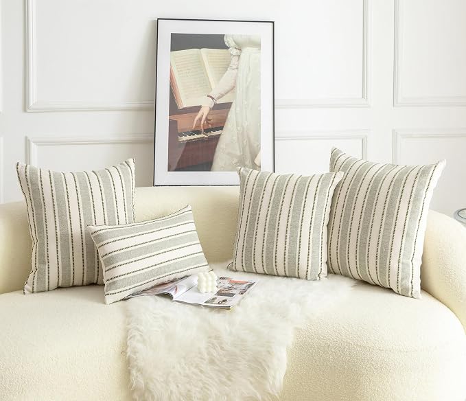 Cethom Decorative Boho Throw Pillow Covers, Farmhouse Textured Pillow Case, 20 x 20 Inch Set of 2, Chair Sofa Bedroom Living Room Home Decor Couch Cushion Case, Olive Green and Beige Striped