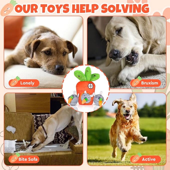Interactive Hide and Seek Squeaky Dog Plush Toy for Small Dogs, Carrot and Bunny Set, 4 Pack Set