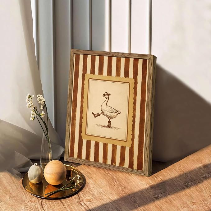 Vintage Cowboy Goose Wall Art, Western Silly Goose Canvas Wall Decor Painting, Funny Dancing Duck Animal Poster Print Picture for Nursery Living Room Bedroom Bathroom 12x16 Inch Framed