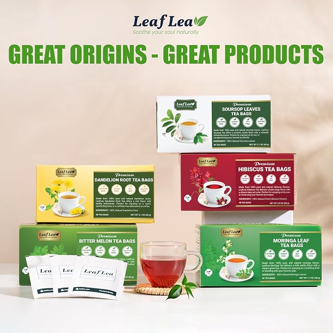 LeafLea 160 Premium Soursop Tea Bags, Natural & Pure Soursop Graviola Tea Leave, Hoja Guanabana Leaf Herbal Tea Bags Variety Pack of 4, Digestive Support, Nutrient-Rich, Vegan, Sugar/Caffeine Free