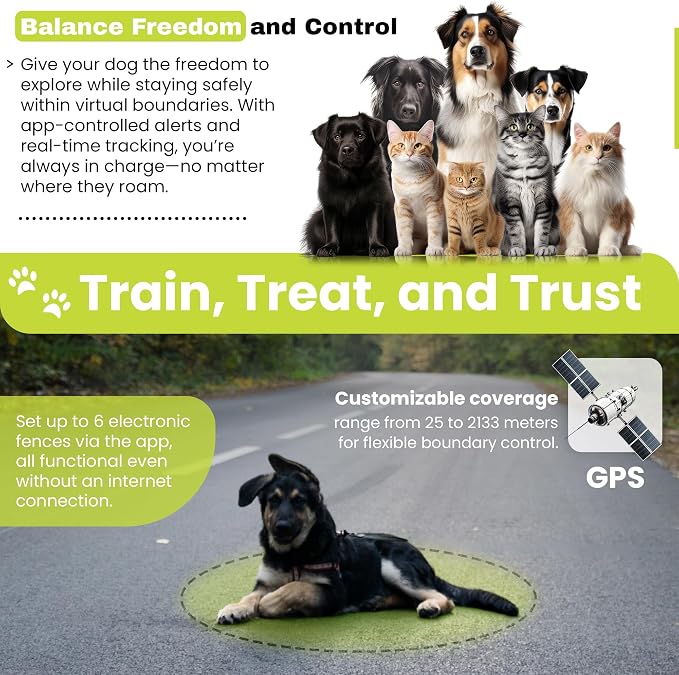 Customizable GPS Dog Collar Fence System, Waterproof LCD Collar & Safe Zone Radius up to 6998 ft – Wireless Dog Fence, Wireless Pet Collar & App-Controlled Dog Training Collar