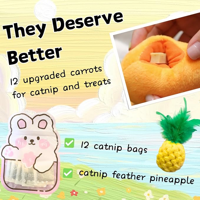 CECE PAW Carrot Catnip Toys, Interactive Feather Cat Toys for Indoor Cats, Cat Puzzle Toys for Boredom and Mental Stimulation, 12 Squeaky Carrots with Treat Pockets and 12 Catnip Tea Bags
