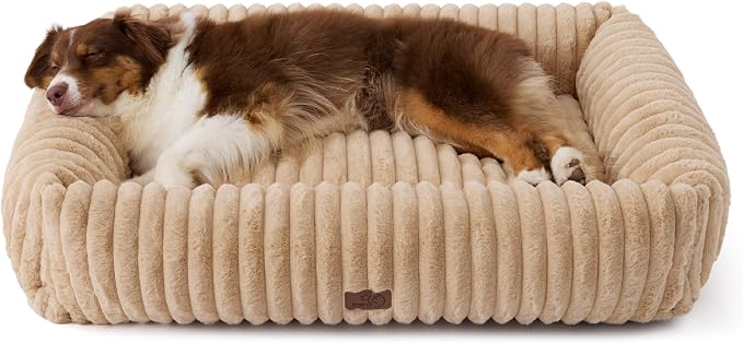 Bedsure ComfyFleece™ Dog Beds Large Sized Dog Washable,40in Sandy Beige | Furry Big Rectangle XL Pet Beds,Cute Aesthetic,Orthopedic Corduroy Fleece,Removable Zipper Cover,Non-Slip Bottom,Up To 75 Lbs