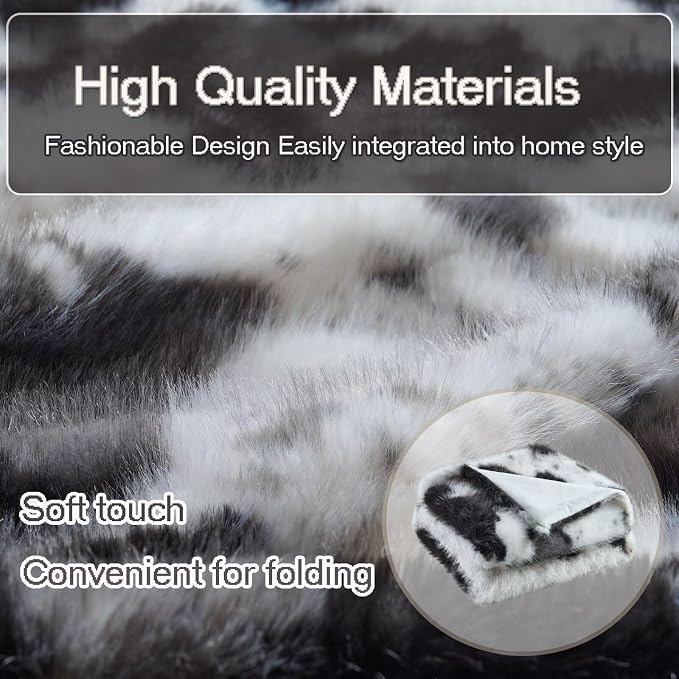Luxury Fluffy Faux Fur Throw Blanket,Thick Fluffy Silky Fuzzy Cozy Blanket,Plush Blankets for Couch, Sofa, Chair, Bed-Black&Grey Cow-50 * 60inch
