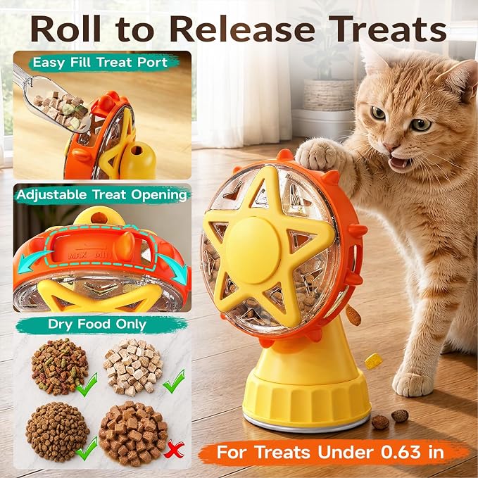 2-in-1 Interactive Cat Toy, Rotating Treat Dispenser with Strong Suction Cup & Teaser Wand, Adjustable Slow Feeder Puzzle Toy for Cats, Boredom Relief & Mental Stimulation Fits Kibble ,Treats (Yellow)