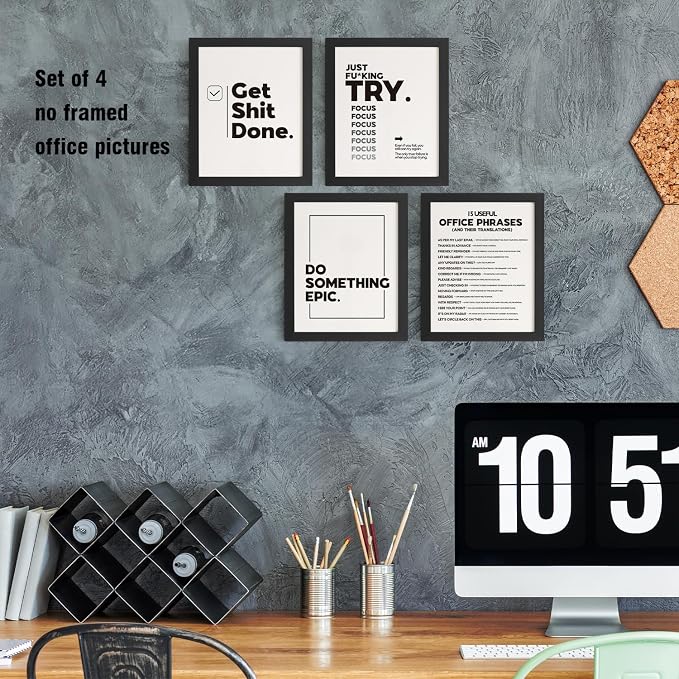 DSHFG Funny Motivational Office Pictures Wall Art Decor Prints Set of 4, Motivational Wall Art Decor Trendy Retro Posters Prints for Office Home Decor, 8x10 Unframed