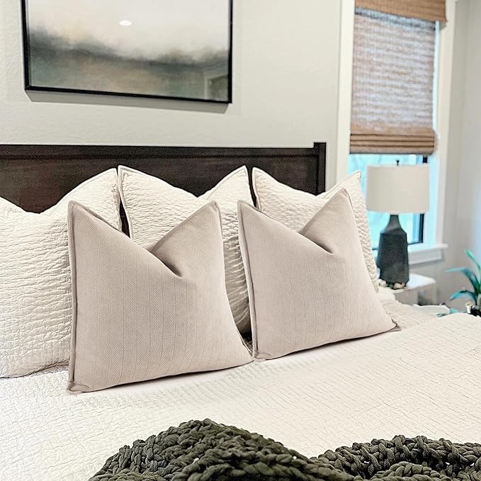 Beige Pillow Covers 20x20 Set of 2 Chenille Throw Pillow Covers with Elegant Design Soft and Luxurious Decorative Throw Pillows for Couch, Bed, and Home Decor