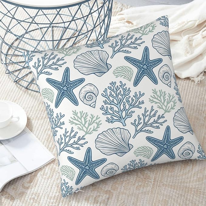 Coastal Starfish Shell Throw Pillow Covers 18x18 Set of 2 Nautical Beach Square Cushion Cases