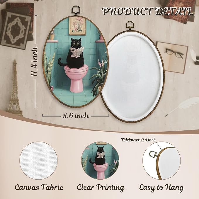 LKETW Funny Black Cat Bathroom Oval Wall Art Decor, Black Kitty Reading Newspaper on Toilet Oval Canvas Hanging Decor, Funny Cat Wall Decorations for Bathroom Restroom Washroom Toilet, 8.6x11.4 Inch