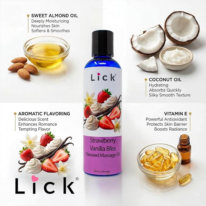 Lick Strawberry Vanilla Bliss Flavored Massage Oil – Sweet Tropical Edible Massage Oil with Vitamin E, Smooth Body-Safe Glide for Couples Massage & Sensory Date Nights, 4 oz