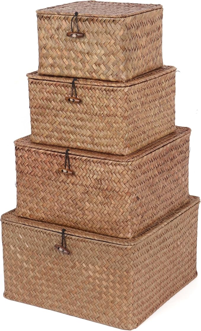 Moosky Wicker Shelf Baskets with Lid, Handwoven Seagrass Storage Basket Bins Square Gift Boxes for Shelves Home Decor Organizer (Coffee, Large)