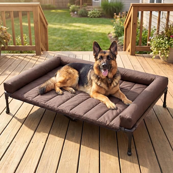 Veehoo Outdoor Elevated Dog Bed with Waterproof Bolster Cushion, Cooling | Raised Dog Bed with Removable & Washable Mat Topper, Breathable Mesh, Dog Couch Cot for Indoor Outdoor, 53", Large, Brown