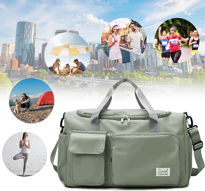 Suruid Travel Duffel Bag with Shoes Compartment Sports Gym Bag with Dry Wet Separated Pocket for Men and Women, Overnight Bag Weekender Bag Training Handbag Yoga Bag - Dark Green