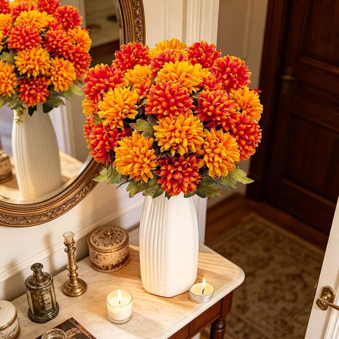 4 Bundles Large Artificial Fall Flowers Faux Mums for Outdoor Planters | Silk Fake Chrysanthemums Bouquet for Home Vase Outside Front Porch Table Floral Arrangement Wedding Autumn Decor