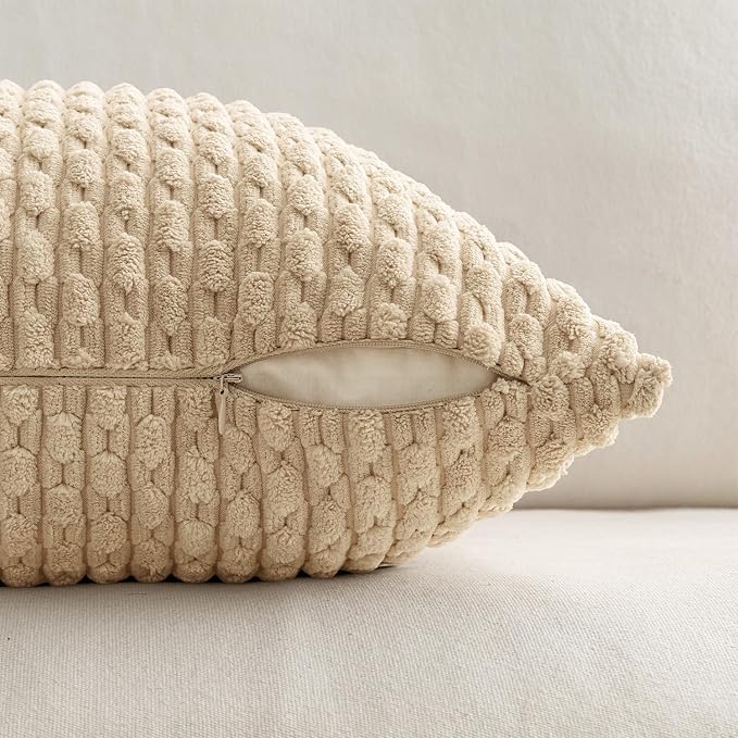 MIULEE Decorative Throw Pillow Covers 16x16 Beige Textured Corduroy | Pack of 2 Striped Pillow Covers Modern Farmhouse Home Decor for Couch Bed Sofa Living Room