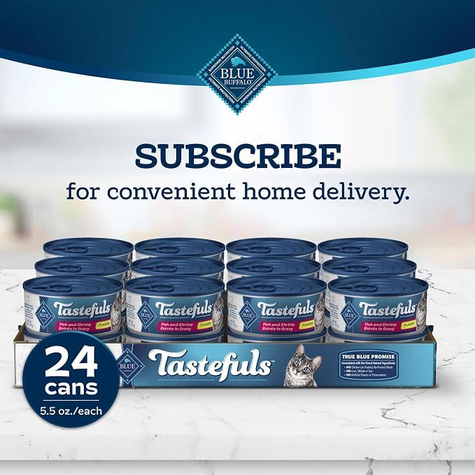 Blue Buffalo Tastefuls Fish & Shrimp Flaked Wet Cat Food, 5.5 oz, 24 ct | Real Fish First, Entrée in Gravy, No Chicken By-Product, Corn, Wheat, or Soy