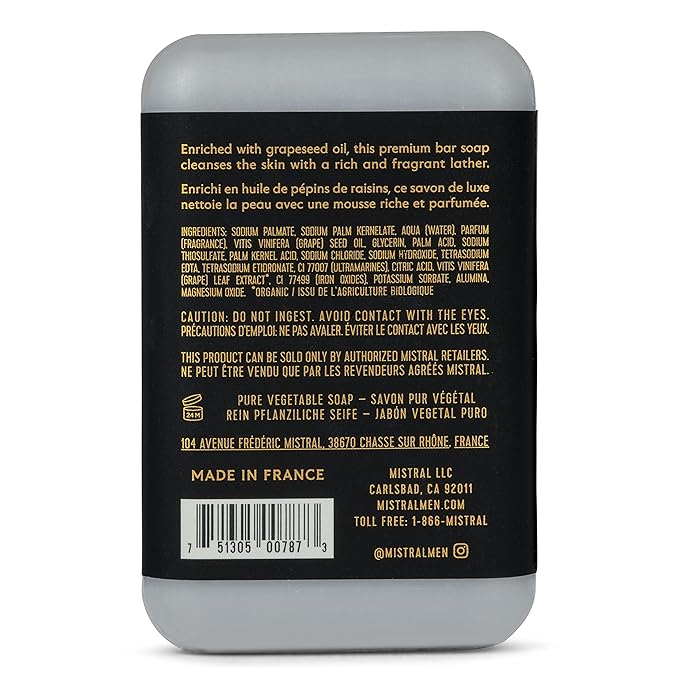 Mistral Grey Lavande Luxury Bar Soap for Men | Men’s Natural Soap Bar | Paraben, Phthalates Free | Moisturizing & Triple-Milled Natural Soap for Men - Made in France | Large, 8.8 oz