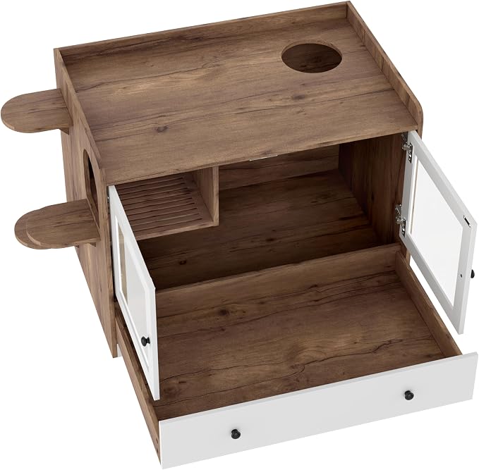 Hidden Cat Litter Box Enclosure Furniture with Drawer and Stairs, Wooden Cat House Washroom with Glass Door, Litter Cabinet Side Table for Bedroom Living Room, Brown White