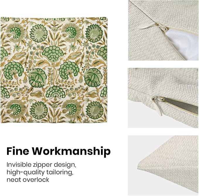 Block Print Pillow Covers 18x18 Inch Pack of 2 Boho Sage Green Yellow Floral Decor Throw Pillow Covers Spring Summer Flower Pillowcase Outdoor Farmhouse Decorative Cushion Cover for Home Sofa