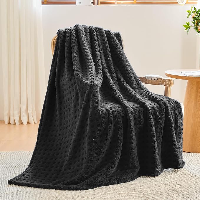 NEWCOSPLAY 3D Waffle Checkered Flannel King Blanket, Black, 90"x110" | Super Soft Cute Lightweight Decorative Premium Silky Fleece Blanket for Couch Sofa Bed, Gift for Women Men, All Season Use