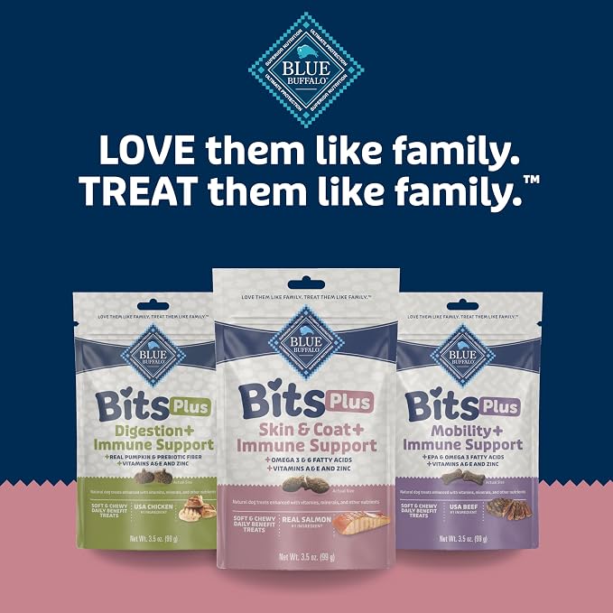 Blue Buffalo Blue Bits Plus Skin & Coat and Immune Support Daily Benefit Dog Treats, Soft & Chewy Salmon Morsels, 3.5-oz. Bag (Pack of 2)