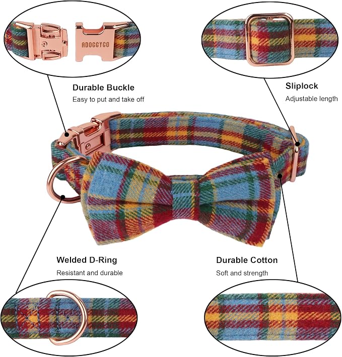 ADOGGYGO Plaid Dog Collar with Bow Tie, Detachable Tartan Bowtie, Medium