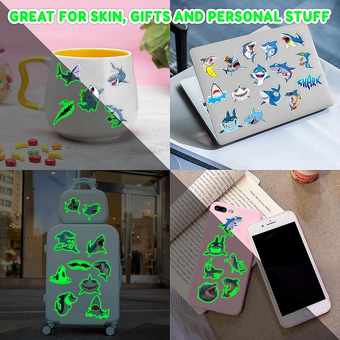 96 PCS Ocean Shark Glow In The Dark Pre-Cut Temporary Tattoos Sticker Sea Animal Birthday Party Decorations Decor Favors Supplies Gifts Boys Girls Cute Fake Tattoo School Reward Themed (Luminous)