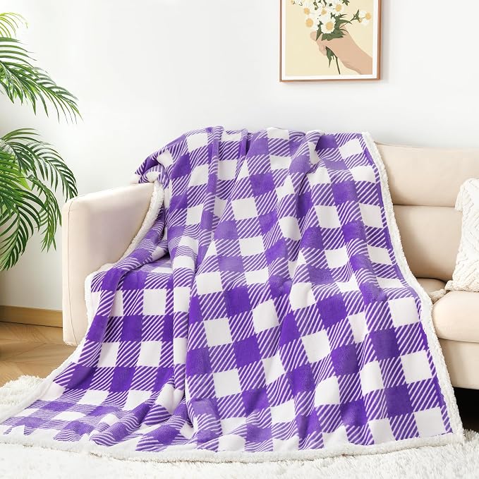 Sherpa Plaid Twin Blanket 60" X 70", Fuzzy Fluffy Soft Cozy Throw Blanket, Twin Size Plush Fleece Flannel Plush Microfiber Blanket for Couch Bed Sofa (PurpleWhite)