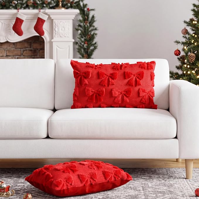 Mixweer Red Bow Pillow Covers Set of 2 Preppy Room Decor Coquette Cute Spring Summer Decorative Faux Fur Soft Bowknot Stuff Fluffy Plush Aesthetic Pillowcase for Bed Sofa Couch (12 x 20 Inch)