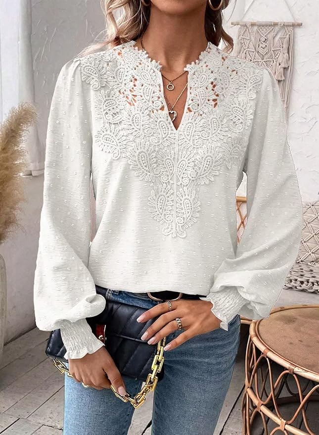 Womens Tops Swiss Dot Boho Long Sleeve Shirts V Neck Casual Chiffon Blouses Flowy Lace Hem Cute Clothing Trendy 2026